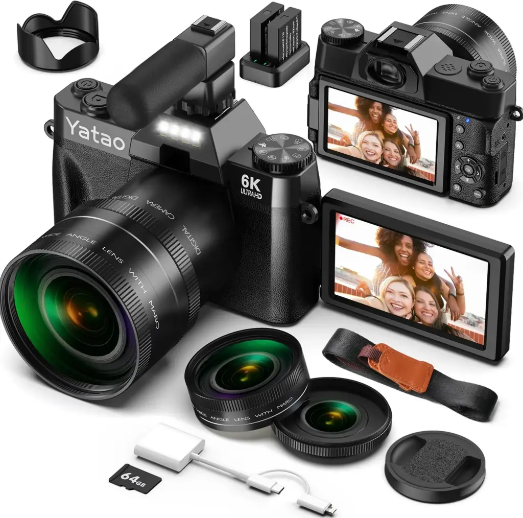 Yatao Digital Camera for Photography and Vlogging, 6K 64MP with Flip Screen, Wide-Angle Lens, Microphone, Card Reader, 64GB TF Card, Compact Photo WiFi Camera for YouTube Travel, Beginners (Black)